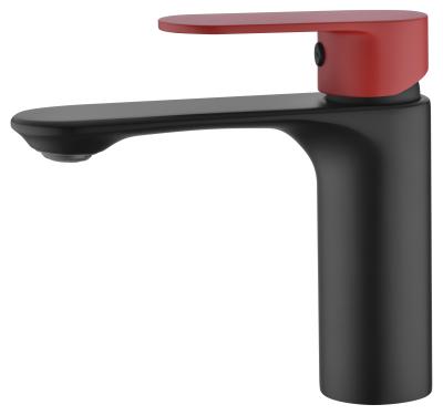 China New Design Metered Advanced Matte Texture Bathroom Short Basin Faucet Black And Red Basin Faucet for sale