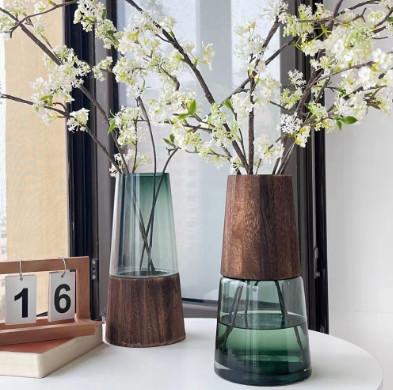 China H28cm Glass Vase Modern Home Decor Living Room Office Centerpiece Wooden Base for sale