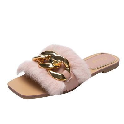 China fashion sh10714a trend gold chain women home slippers 2022 trend lady fashion fur slippers for sale