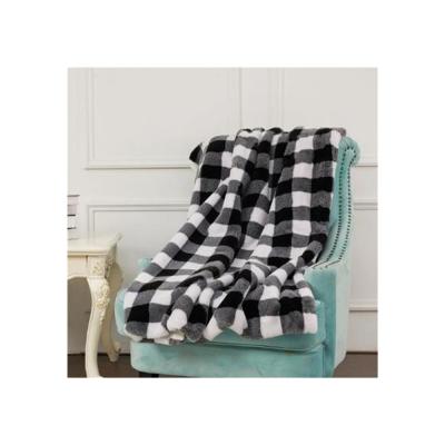 China Factory Price Breathable Cheap Winter Check Rabbit Fur Covering High Density Fur Printed Check Throw Blanket for sale