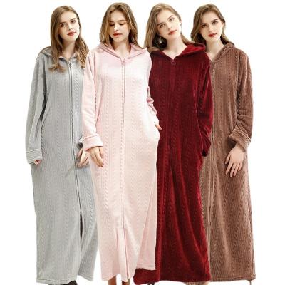 China New Product High Quality Begonia Wholesale QUICK DRY Plus Size Hooded Front Zipper Striped Flannels Women Pajamas Long Robe for sale