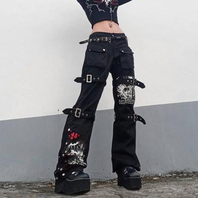 China Other 2021 Begonia Skull Pocket Pants Large Print Goth Mall Jeans Woman Eyelet Buckle Cargo School Street Punk Black Trousers for sale