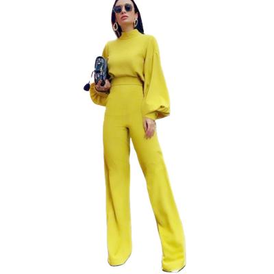 China 2020 Begonia Hot Sale Autumn Women Breathable Wide Leg Overalls Office Lady Work Casual High Neck Lantern Sleeve Long Overalls for sale