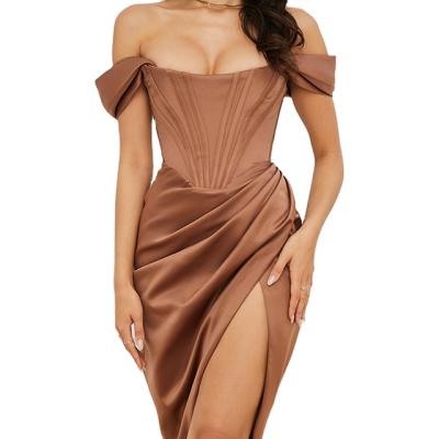 China Begonia 2021 New Arrivals Breathable Ladies Off Shoulder Ruffled Bodycon Slit Elegant Dress Party Evening Gowns for sale