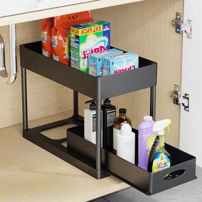 China New Arrival Sustainable 2 Tier Black Under Slide Cabinet Basket Cabinet Bathroom Sink Storage Organizers for sale