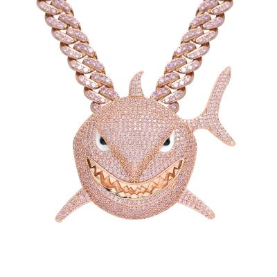 China Hiphop Full Zircon Shark Animal Head Dangling With 20MM Cuban Chain Necklace Gold Color Charm Men Hip Hop Rock Street Soild Jewelry for sale