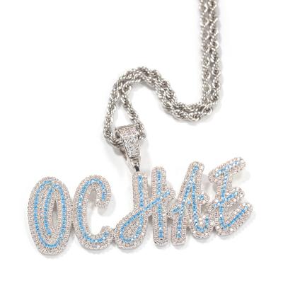 China Custom Two Name ZIrcon Blue Letter Hiphop Hiphop Tone Plated Rapper Jewelry With Tennis Pendant Chain Iced Out Wholesale for sale