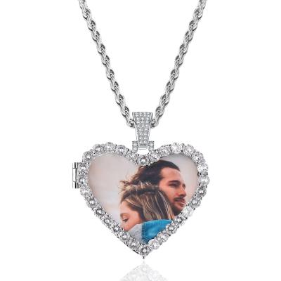 China Hiphop Hiphop Diamond Heart Zircon Custom Photo Love Pendant Necklace Set with Tennis Chain 18K Gold Silver for sale