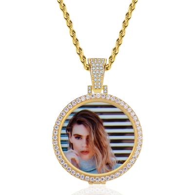 China Custom Hiphop Circle Photo Lockets Necklace And Pendant With 4mm Tennis Gold Color Cubic Zircon Mens Hip Hop Jewelry for sale