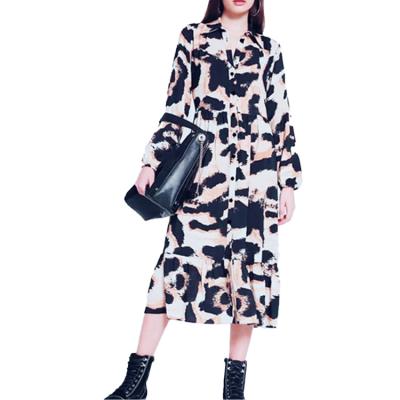 China Women's spring and autumn leopard printing breathable long skirt fashion lapel shorts sleeve elegant shirt dress skirt for sale