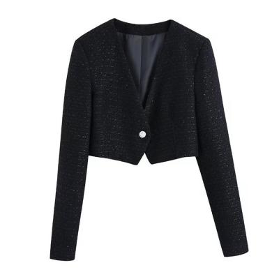 China Simple Female Anti-Wrinkle Promotion Fashion Long Sleeve Outerwear Textured Cropped Button Blazer for sale