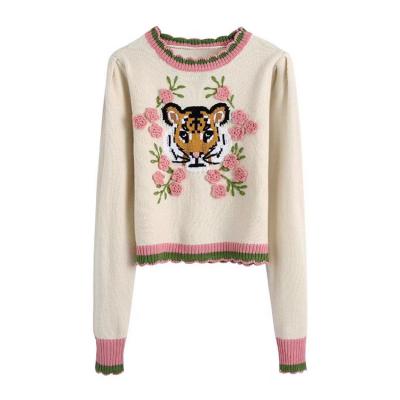 China Cute Women Long Sleeve Crew Neck Breathable Beige Color Embroidered Cropped Knit Sweater Pullover for sale