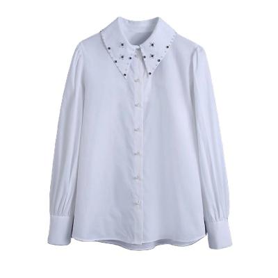 China Office Lady Top Artificial White Spring Long Sleeve Collar Diamond Anti-pilling Casual Shirt For Women for sale