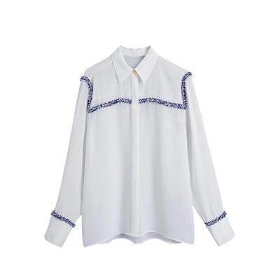 China Anti-pilling Best Selling Elegant White Color Turn Down Collar Long Sleeve Shirt Panel Textured Blouse Bottom And Tops for sale