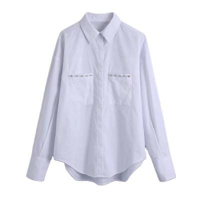 China Widely Used White Color Women's Anti-Pilling Faux Jeweled Long Sleeve Poplin Shirt With Pockets for sale