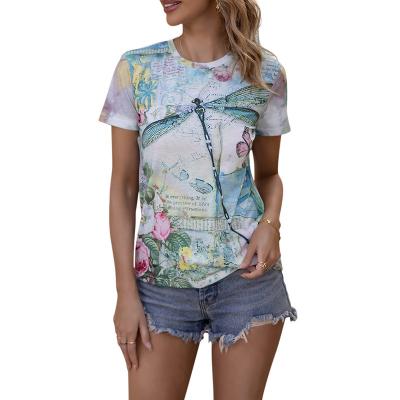 China 2022 New Spring Round Neck Dragonfly Printing T-shirt Women's Casual Loose Anti-pilling Blouse Wholesale for sale