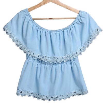 China Breathable Summer Small Cool Blue Ruffle Off The Shoulder Short Shirt Lace Splicing Soft Sexy Blouse for sale