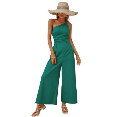 China Polyester/Cotton Solid Color 2022 Sizes Sexy Straight Sloping Shoulders Backless Pants Solid Color Cami Jumpsuit For Women for sale