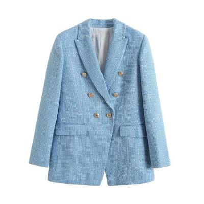 China Breathable Blue Tweed Casual Blazer Long Sleeve Pockets Textured Button Outerwear- Female for sale