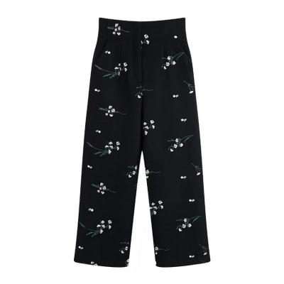 China New Chic Female High Waist Anti-Wrinkle Pants Side Pockets Loose Embroidered Textured Pants for sale