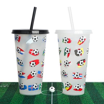 China Sustainable Souvenir 750ml 16oz Qatar World Cup Color Changing 16oz Printed Reusable Custom Plastic Cups With Lids And Straws for sale