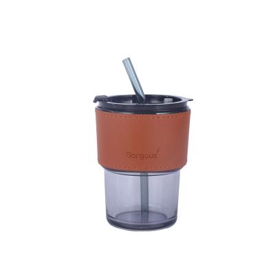 China Viable Promotional Gift 450ml Milk Glass Tea Bottle Coffee Bamboo Wind Glassware Bottles Cup With Lid And Straw for sale