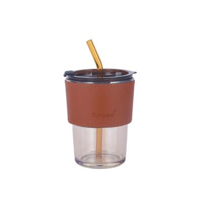 China Ins Style 450ml Glass Viable Coffee Mugs With Straw And Leather Sleeve Portable Travel Milk Glass Tumbler With Lid for sale