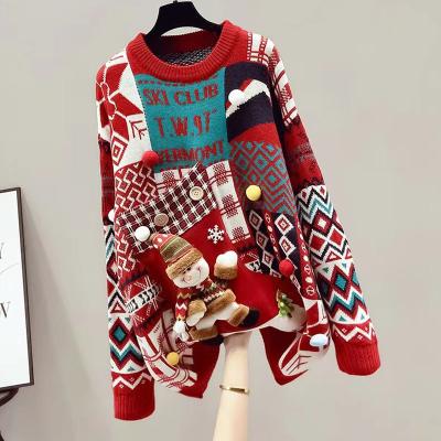 China Anti-pilling Christmas sweater with stitching and decorative pockets and snowman is designed for women for sale