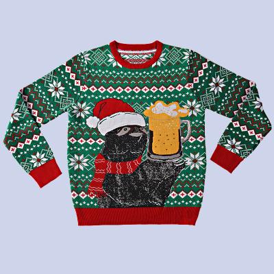 China Anti-pilling OEM 2022 green knitted sweater custom made plus size festival elk jacquard design ugly christmas funny sweater for sale