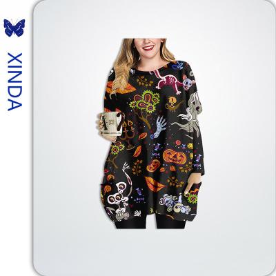 China 2022 Fashion Design Festive Print Dry Cleaning Knit Fabric Long Sleeve Oversize Fall Halloween Dresses For Women for sale