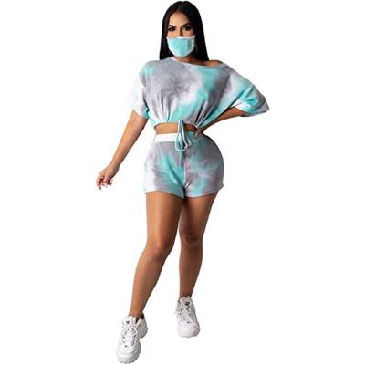 China Breathable Women's 2 Pieces Outfits Tie Dye Lounge Set Short Sleeve Lace Up Crop Tops Shorts Set for sale