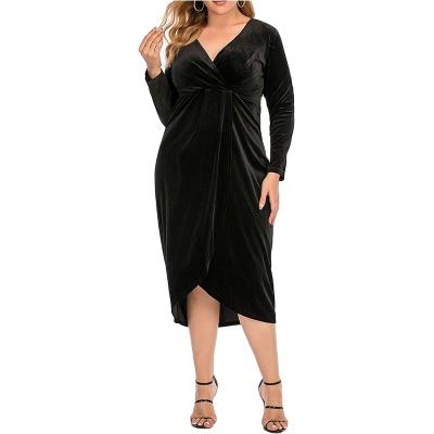 China Factory wholesale dry cleaning plus size high waist long sleeve v neck solid color velvet ladies dress for sale