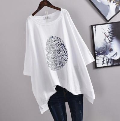 China 2021 Women's Clothing 3/4 Sleeve O Neck Leaf High Low Edge Casual Print Loose Top QUICK DRY Blouse Women Plus Size T-shirt for sale