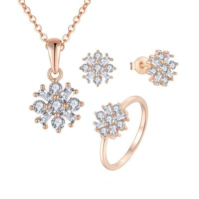 China Cute Snowflake Zircon Earrings Ring Pendant Necklace Rose Gold Plated S925 Sterling Silver Fashion Jewelry Women Set for sale