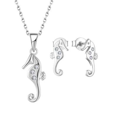 China 925 Sterling Silver Cz Cute Seahorse Hippocampus Necklace Marine Earring Jewelry Set for sale