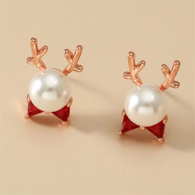 China Christmas pearl bow elk earrings contracted casual female Antler ear stud earrings wire link soft temperament shipping/sports for sale