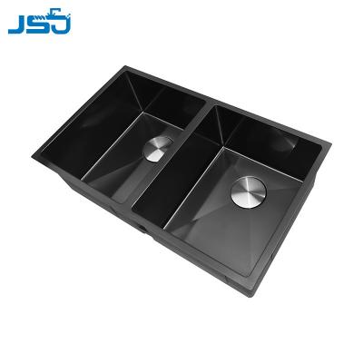 China Handmade Black Luxury Kitchen Double Bowl Nano Faucet Undermount Stainless Steel Nano Sinks for sale