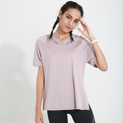 China Women's Breathable Short Sleeve Workout Sports Loose Quick Dry Active T-Shirt With Hoodie for sale