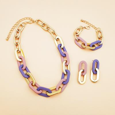 China High Quality Jewelry Set Acrylic Chunky Necklace Chain Jewelry Set Simple Color Acrylic Oval Earrings Bracelet for sale