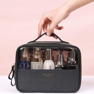 China Portable Waterproof Washable Travel Beauty Leather Bag See Through Clear Pocket Bag Custom Logo Pu Leather Make Up Cosmetic Bag for sale