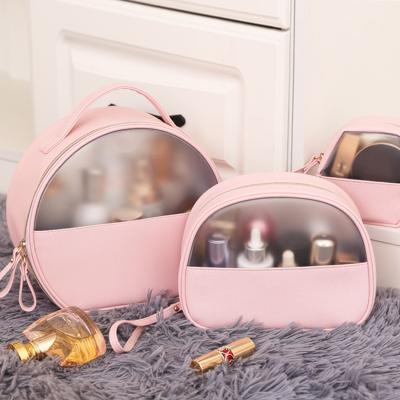 China Custom Fashion Logo Clear Makeup Bag Cosmetic Bag Set Travel PVC Luxury Transparent Toiletry Bag PU Leather Lined Make Up Pouch With Zipper for sale