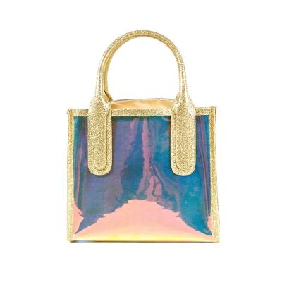 China 100% Eco-friendly Hot Sale Holographic Clear Makeup Bags, Reusable Waterproof Tote Handbag Bag, Transparent Iridescent Beach Bag With Shoulder for sale