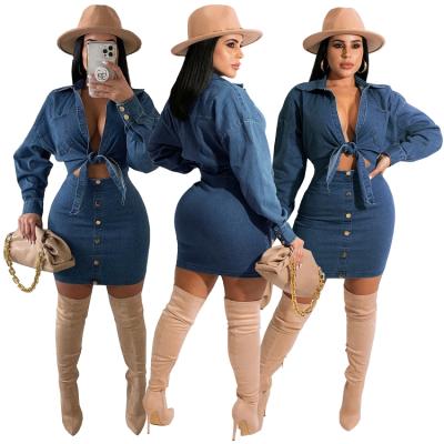 China Fashionable Breathable Women 2 Pieces Cropped Jeans Skirt Set Top Woman Mini Two Pieces Set Denim Outfits for sale