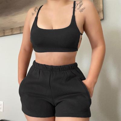 China QUICK DRY summer camisloe backless halter ribbed knit trotter elastic shorts top sets and shorts set for women fitness for sale