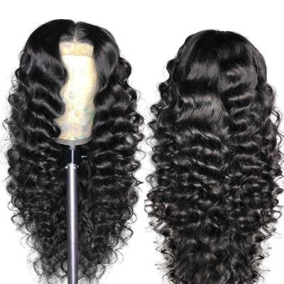 China Custom Brazilian Deep Wave Long HD Lace Transparent Virgin Pre Plucked Natural Hair 5x5 Deep Wave Closure Wig for sale