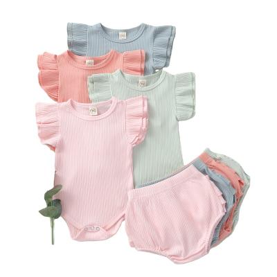 China High Quality Breathable Eco-Friendly Baby Boy Girl Ribbed Short Sleeve Romper And Shorts 2pcs Clothes Set for sale