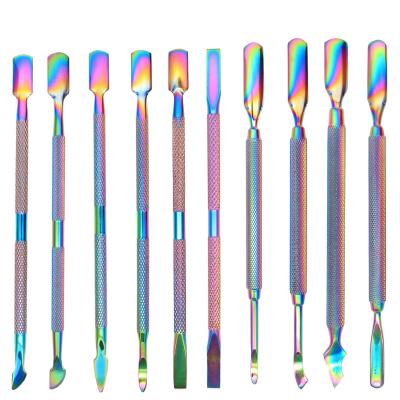 China Wellflyer Stainless Steel Rainbow Manicure Tools Stainless Steel Cuticle Nail Pusher Pusher for sale