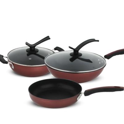 China Durable Cast Iron Cookware Set Thickened Chinese Red Three-Piece Non-Stick Pan Soup Pot Wok Pan Frying Pan for sale