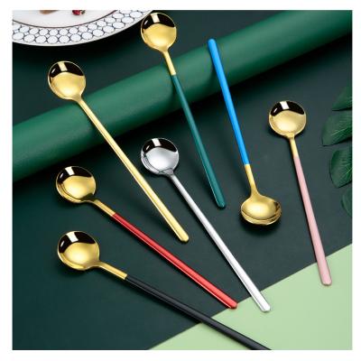 China Disposable Fashionable Colorful Stainless Steel Long Handle Tea Coffee Ice Cream Spoon for sale