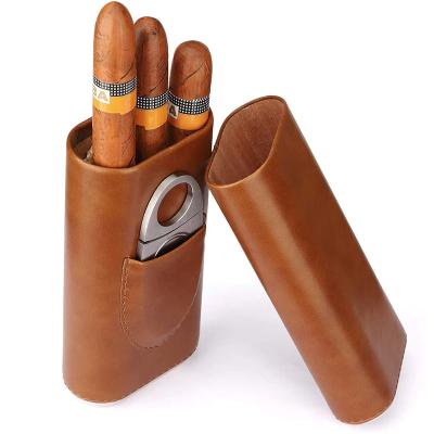 China Multifunctional Finger Cigar Humidor Holder Travel Smoking Leather Cigar Case with Stainless Steel Cutter Smoking Accessories for sale